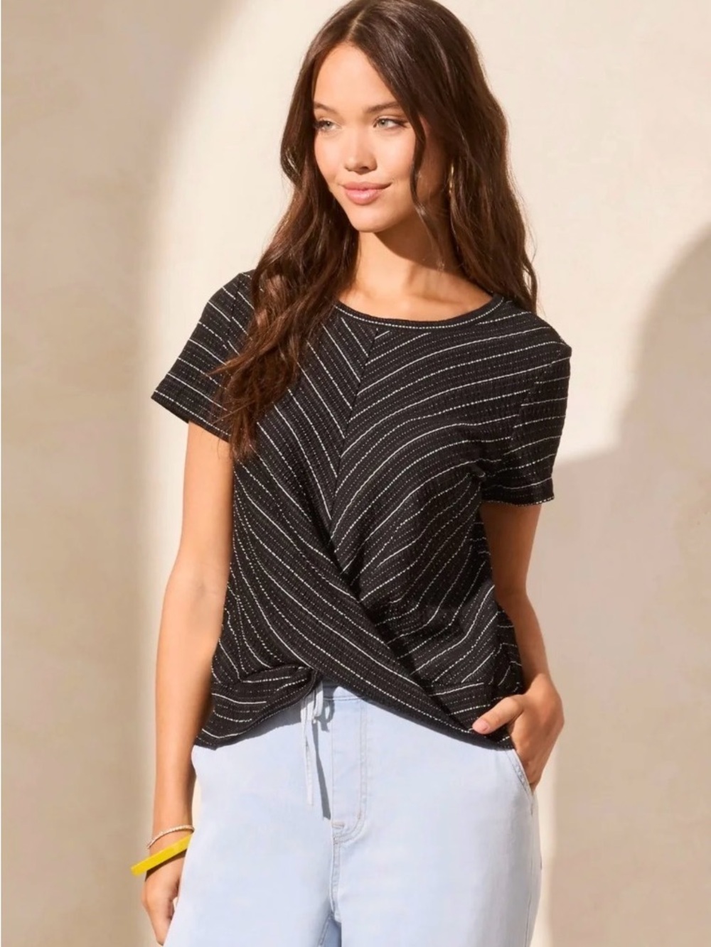 NWOT Tribal Jeans Women’s Striped Twist-Front Crew Neck Black Tee Size S